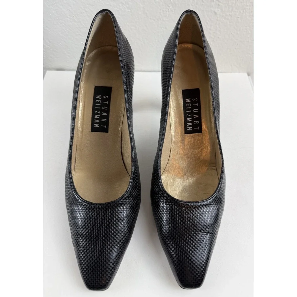 Stuart Weitzman Black Leather Embossed Pointed Toe Womens Slip On Heel Size 7 - Picture 2 of 9